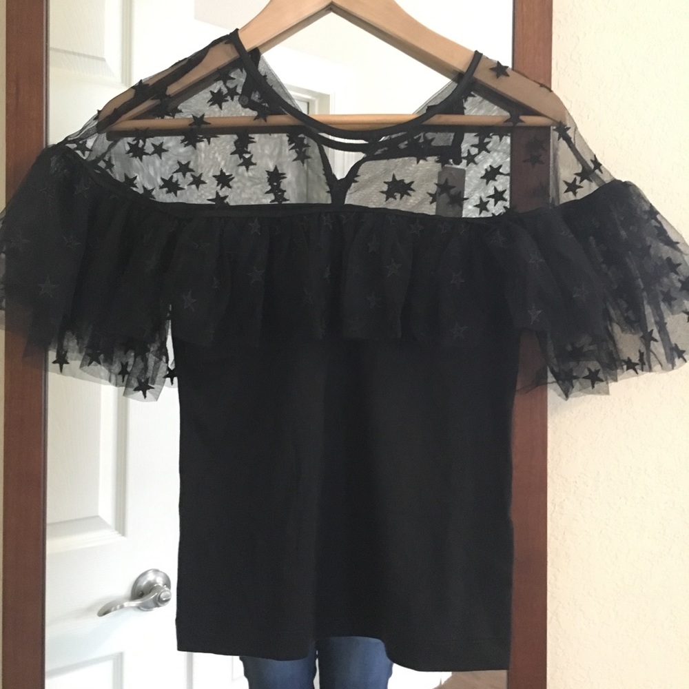 J. Crew Black Star Mesh Ruffle Sleeve Top